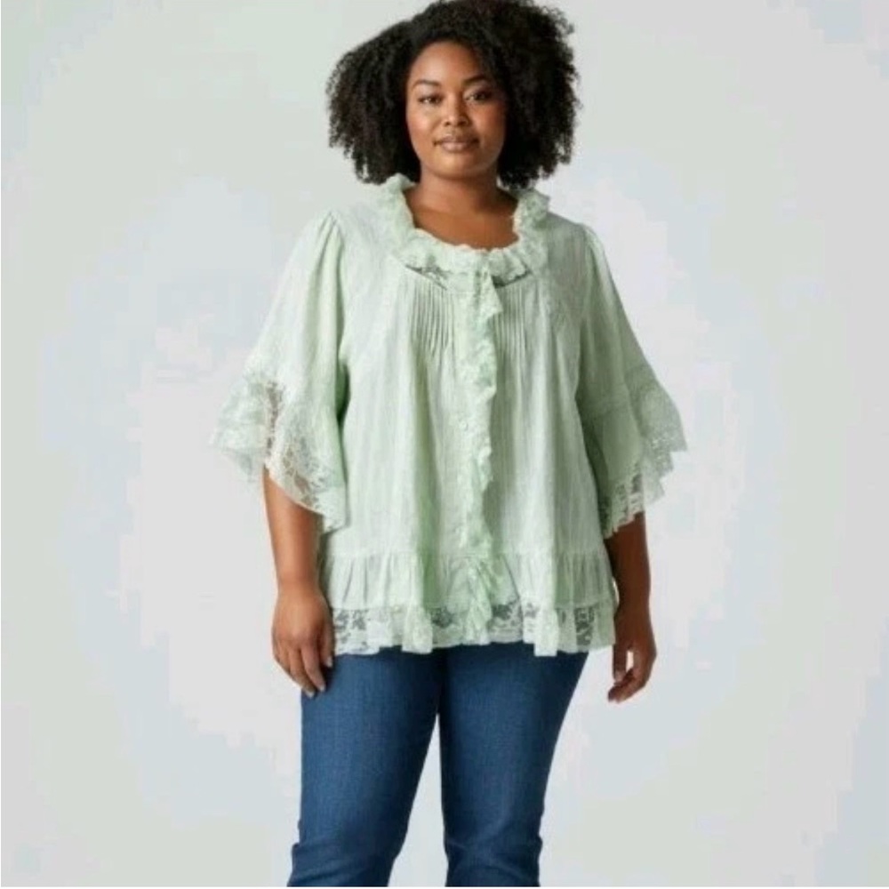 ROAMAN'S Blouse Top Light Green Lace Ruffle Victorian Style Cotton Size 22W